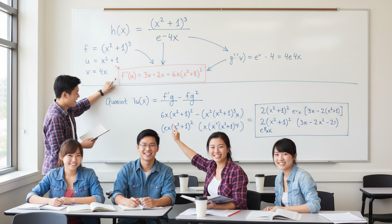 Photo Idea : A mid-article photo showing a whiteboard with a step-by-step solution combining Product, Quotient, and Chain Rules for a multi-layered function. Visual emphasis on labeled steps (f, g, u) and boxed final factored answer.