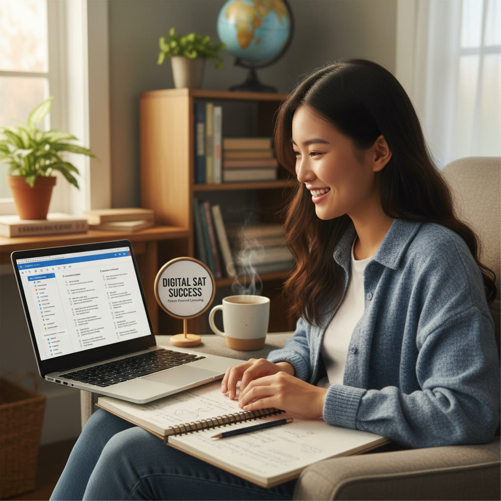 Photo Idea : A focused international student working on a laptop in a cozy study corner, with a notepad and coffee, representing the modern digital SAT study environment.