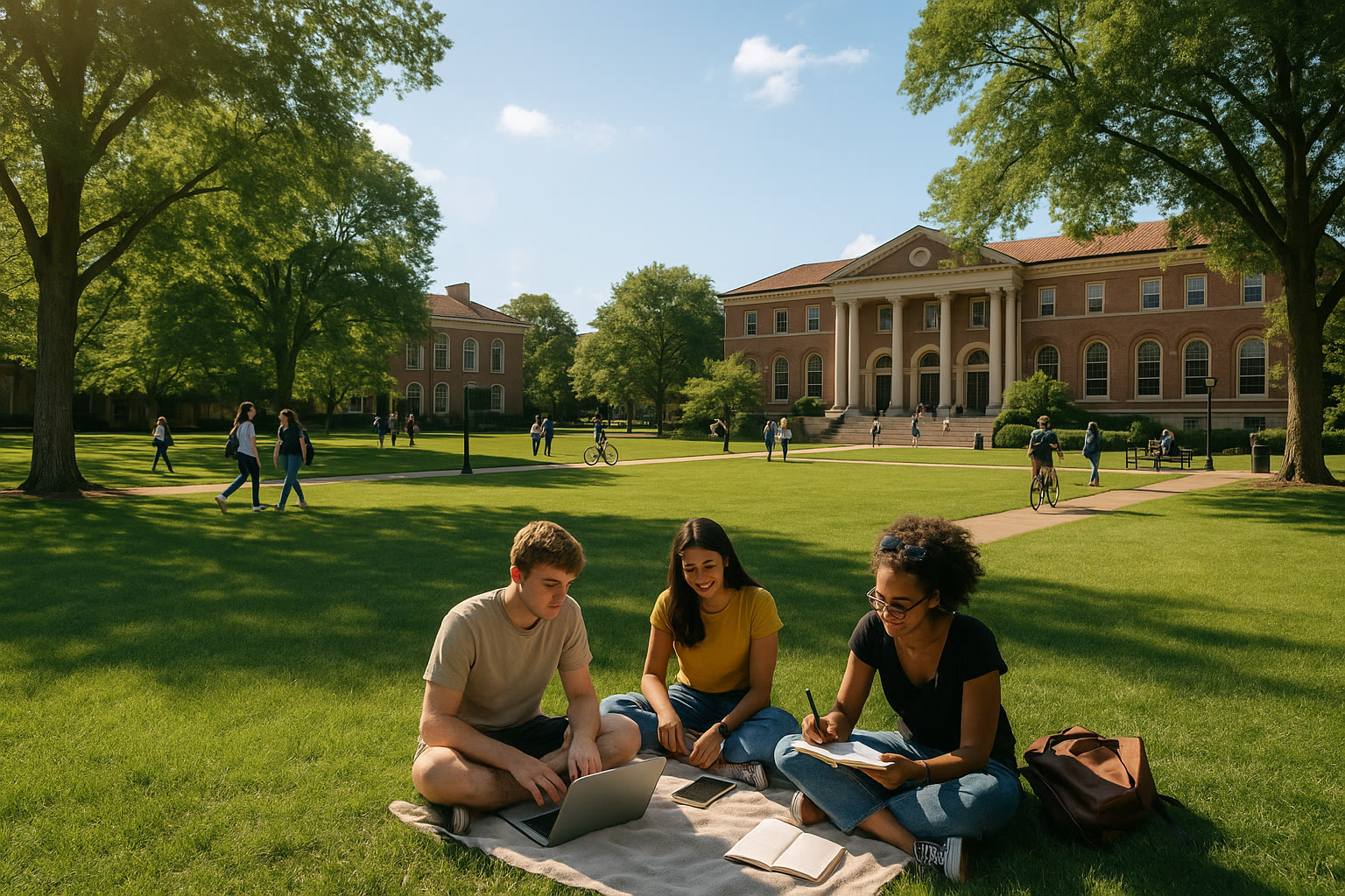 Photo Idea : Wide-angle photo of a sunny college quad with students walking and studying — to pair with tips on campus visits.
