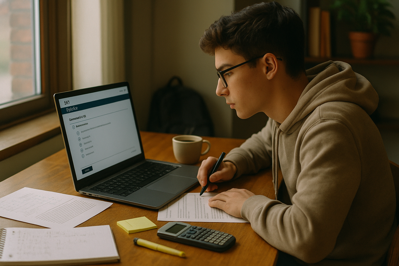 Photo Idea : A focused high school student taking a practice digital SAT on a laptop, with notes and a cup of coffee nearby.