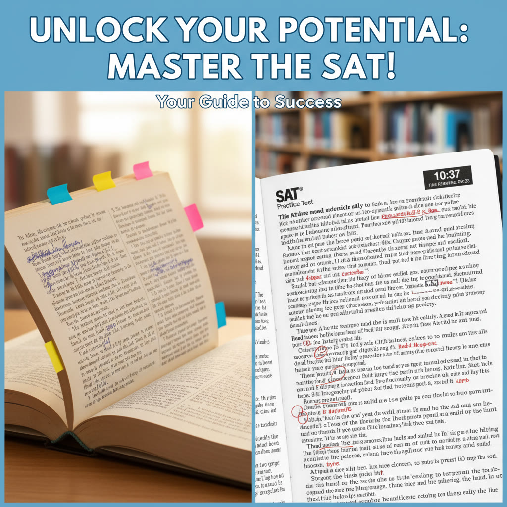 A split visual concept: left side shows a soft, open school textbook with margin notes and sticky tabs; right side shows a compact SAT passage with tight annotations and a clock to suggest timed practice.