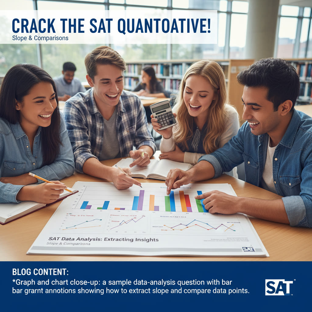 Graph and chart close-up: a sample data-analysis question with a bar graph and student annotations showing how to extract slope and compare data points.