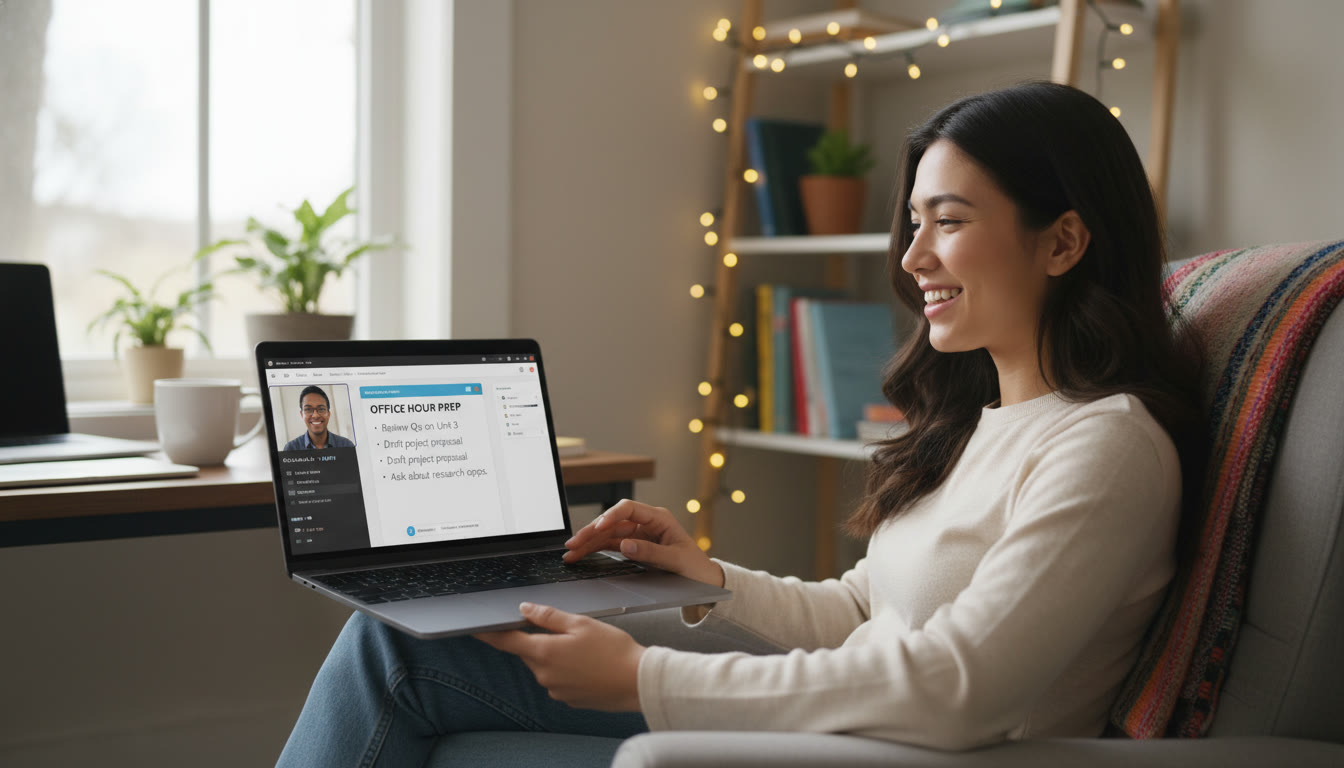 Photo Idea : A student at a laptop in a cozy study nook, with a digital note open titled 