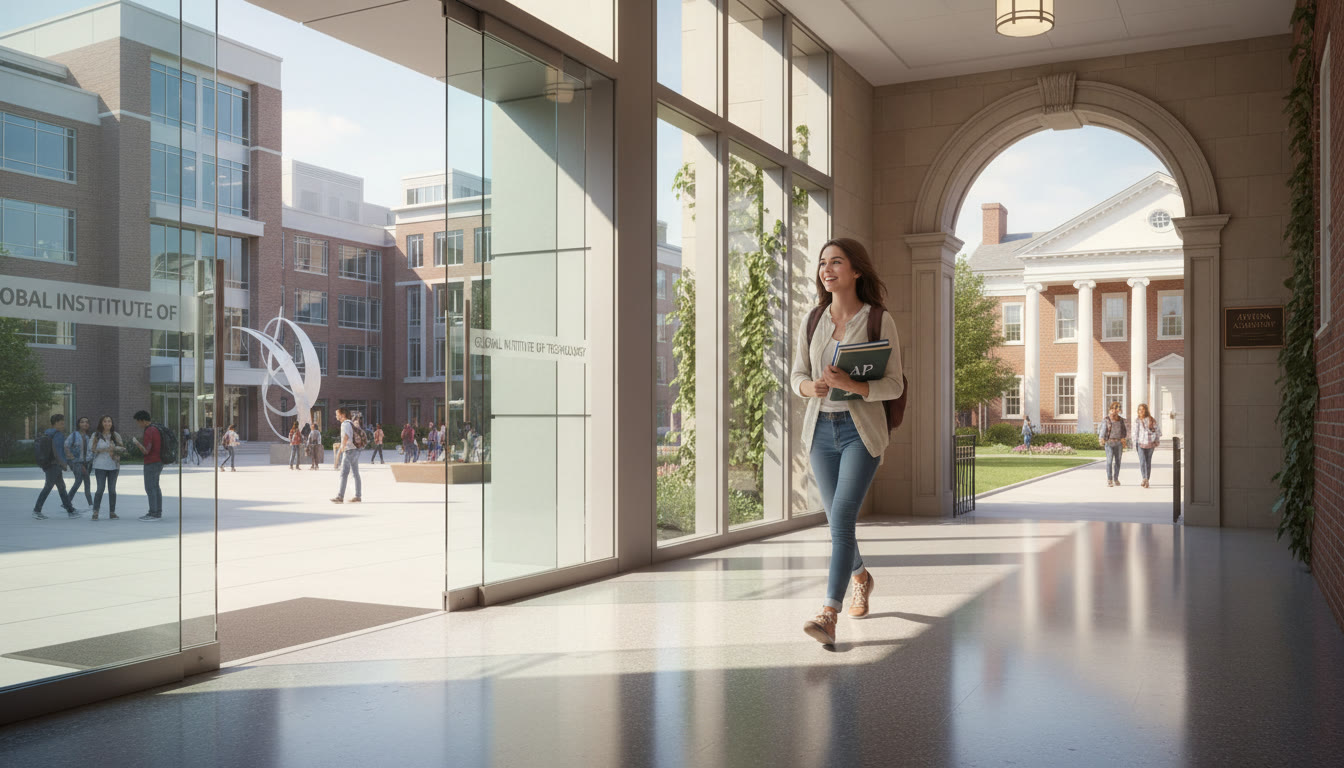 Photo Idea : A bright hallway shot showing a student with a backpack walking between a women’s college and a larger research university, symbolizing cross‑registration connections and expanded opportunity.