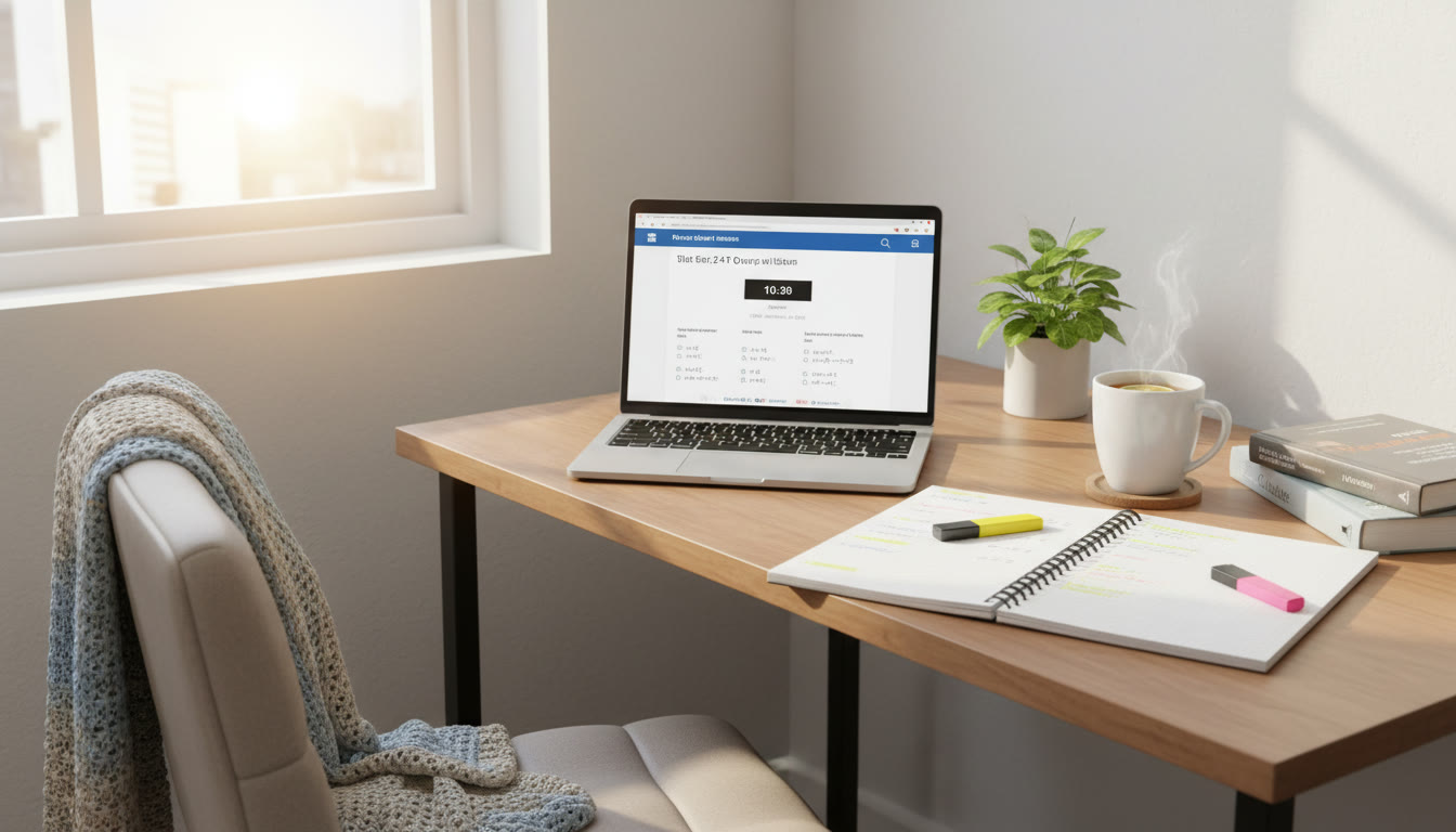 Photo Idea : A bright study corner with a laptop open to practice SAT questions, a notebook with highlighted notes, and a cup of tea — conveys focused preparation.