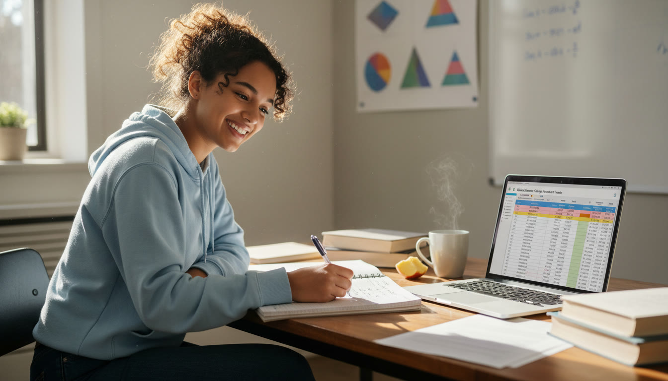 Photo Idea : A bright study scene showing a high school student writing calculus notes at a desk with a laptop open to a statistics dataset—captures the blend of math and data.