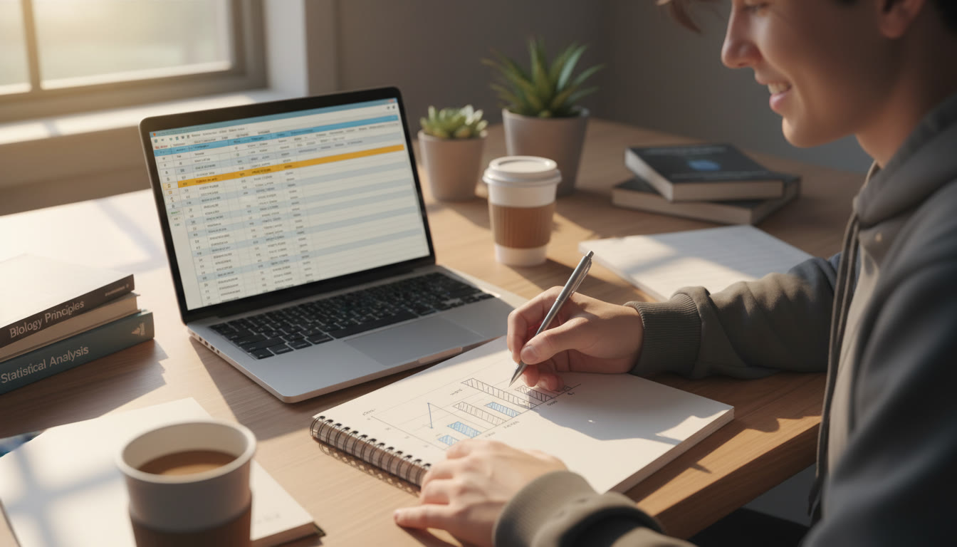 Photo Idea : A student in a lab notebook sketching bar graphs and error bars while a laptop screen shows a spreadsheet; warm, focused atmosphere emphasizing hands-on study.