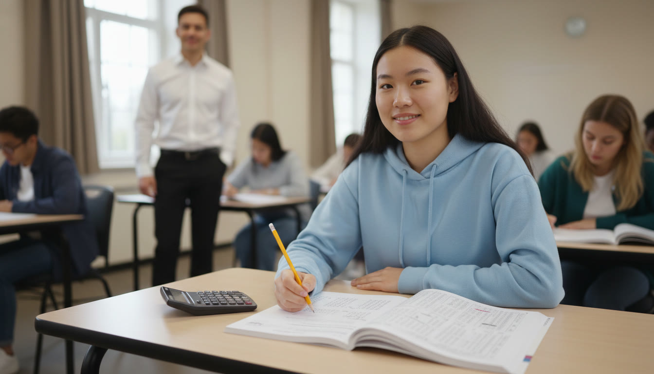 Photo Idea : A calm student seated at a desk at test center, one hand on a calculator, the other on a pencil, with a proctor in the background. This image should feel composed and reassuring, not frantic.