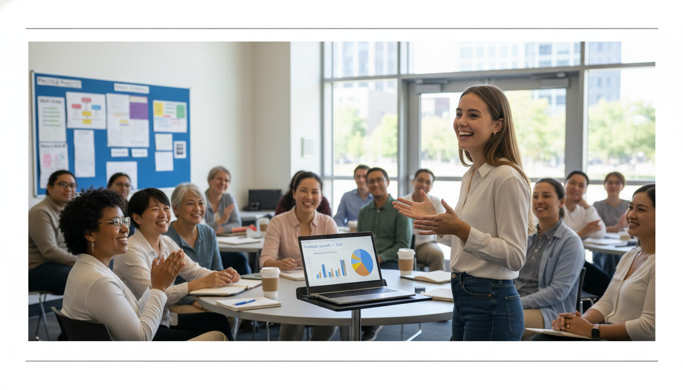 Photo Idea : A bright, candid photo of a student presenting a small business plan to community members — laptop open with charts visible, audience engaged. This image should appear near the practical project and portfolio sections to illustrate applying classroom learning in the real world.