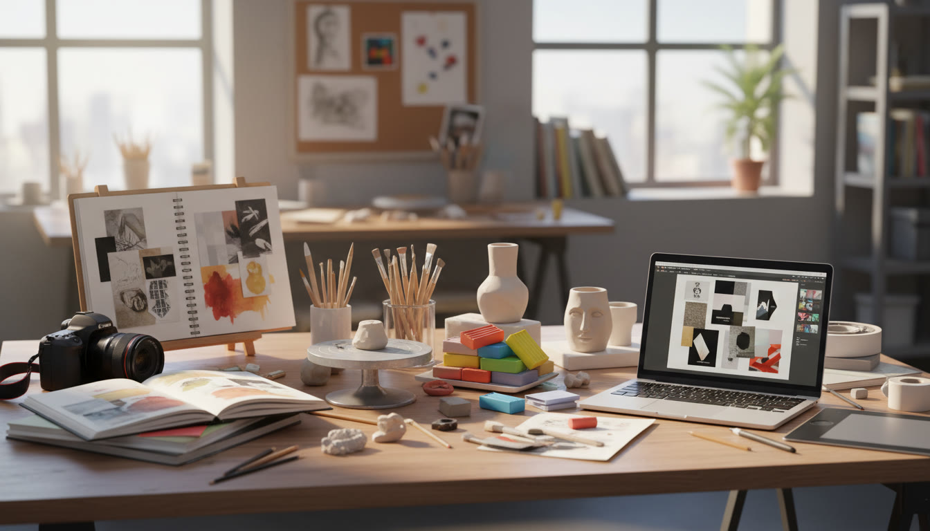 Photo Idea : A bright studio table early in the semester with sketchbooks, a camera, clay tools, and a laptop open to a design composition — showing the cross-disciplinary nature of AP Studio Art.