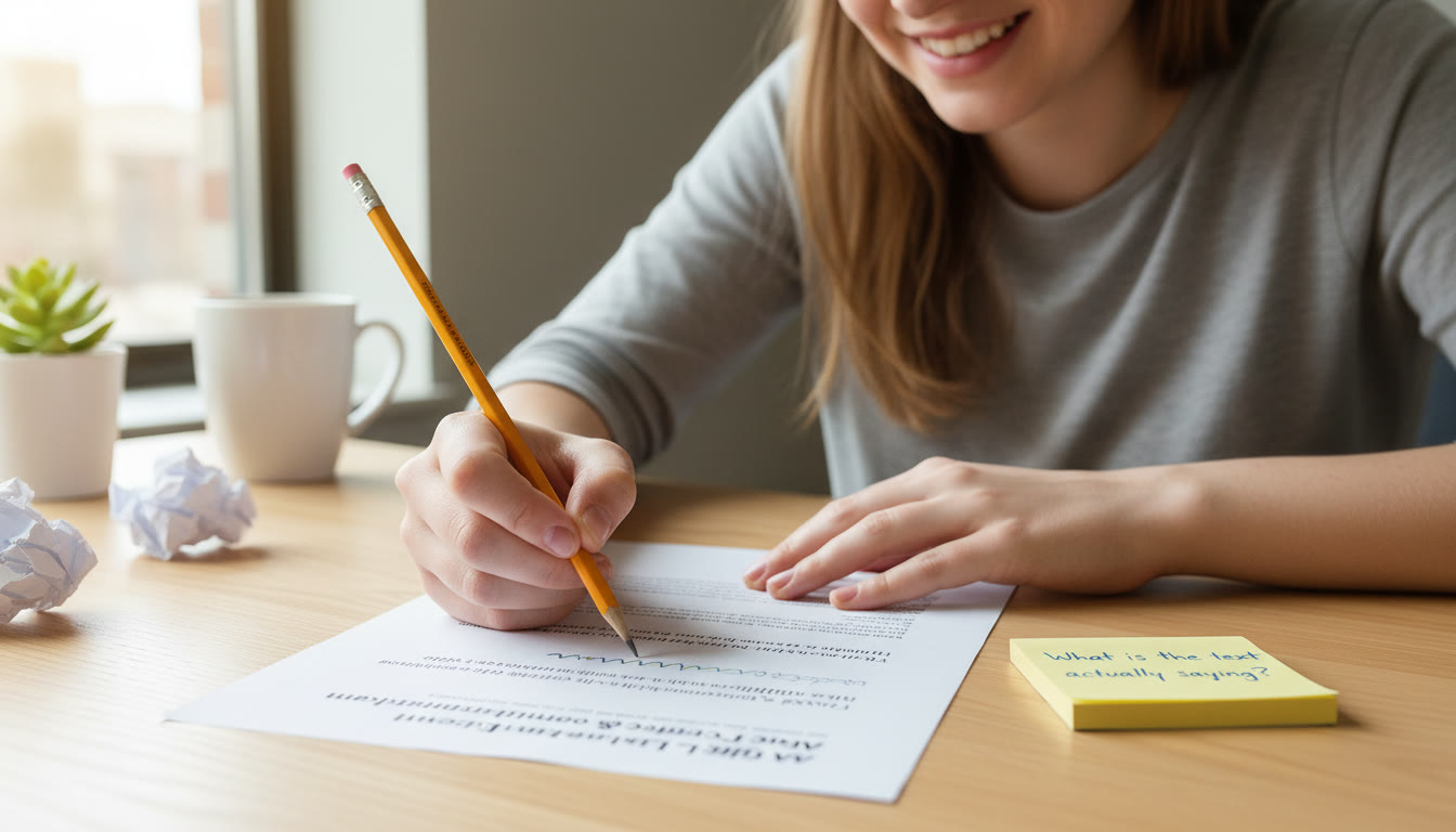 Photo Idea : A close-up photo of a student reading a printed passage with a pencil, underlining a sentence. Natural lighting, calm desk, a sticky note with the words 