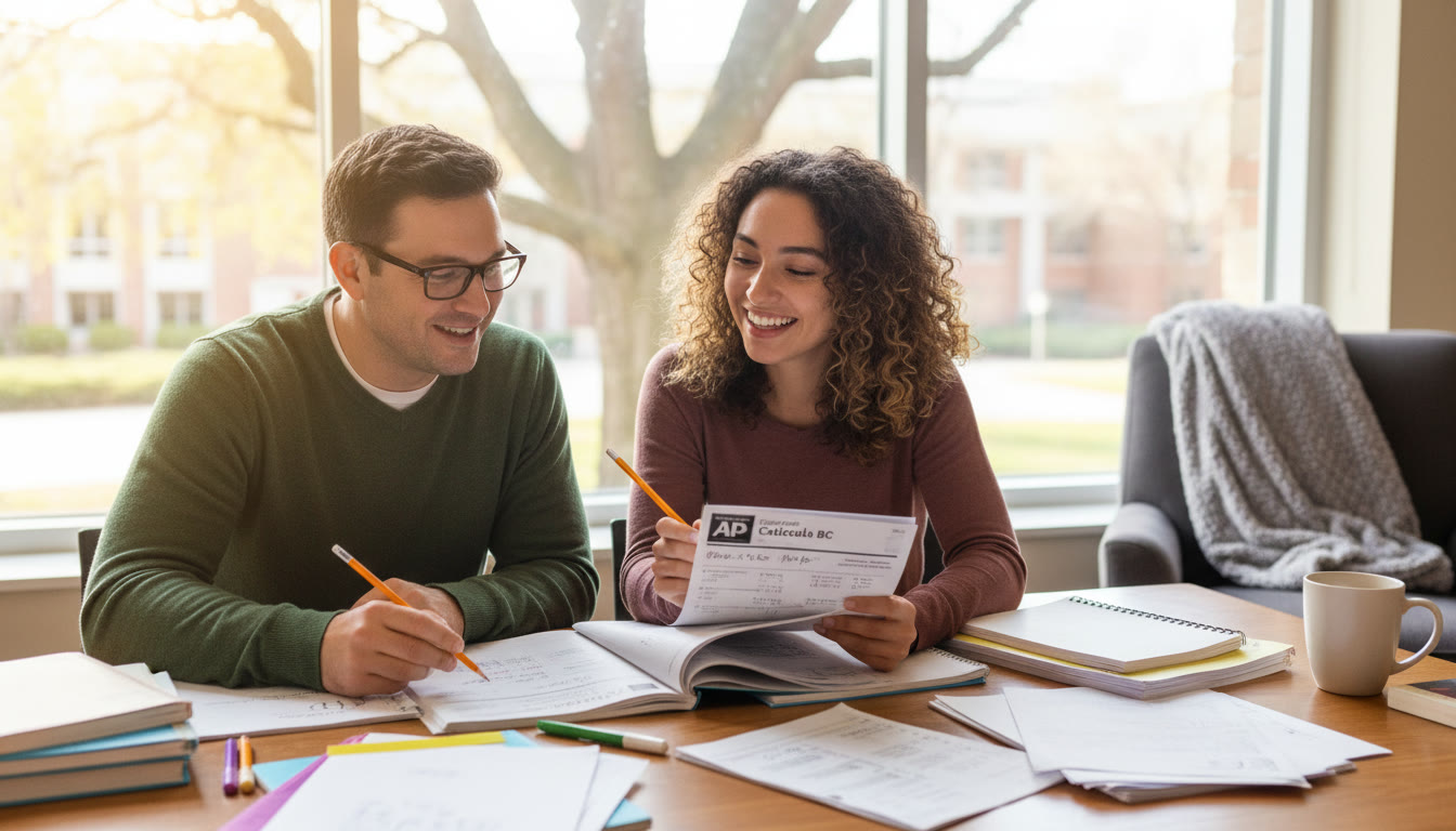Photo Idea : A cozy study scene by a window: a tutor or parent and student reviewing a practice AP exam together, annotated notes spread out, a gentler, supportive atmosphere emphasizing teamwork.