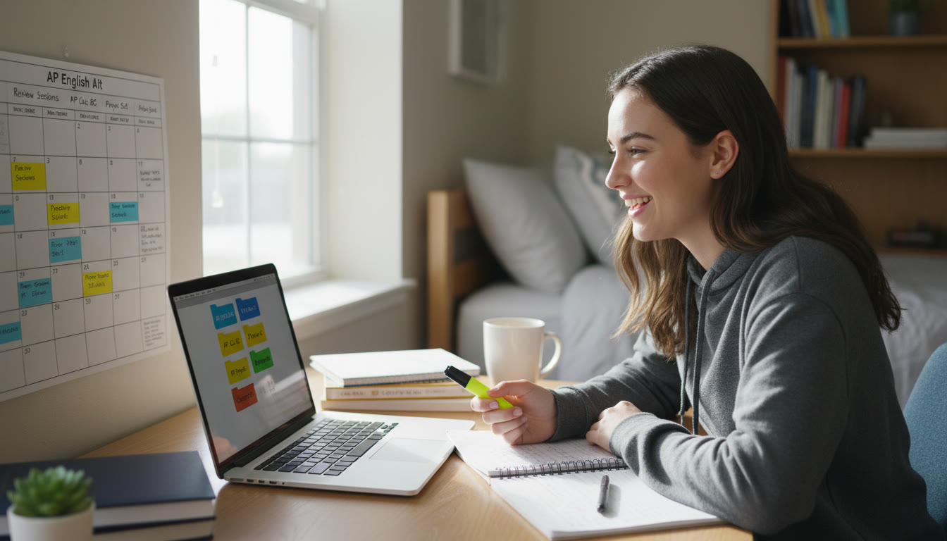 Photo Idea : A student at a desk mid-study, with a laptop showing neatly labeled folders and a printed calendar with study blocks. Natural, candid shot to show organized effort.