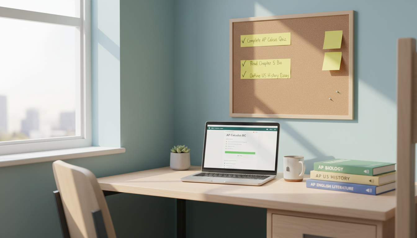 Photo Idea : A quiet study corner in a new bedroom with AP textbooks, a laptop open to a practice question, and a sticky note checklist on the wall. The mood should be calm and focused, communicating progress and forward momentum.