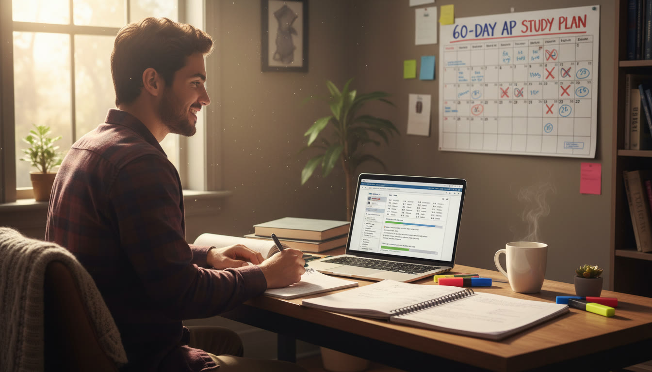 Photo Idea : A focused student at a desk with notebooks, a laptop open to practice problems, and a calendar marked with a 60-day study plan — bright morning light, warm tones.