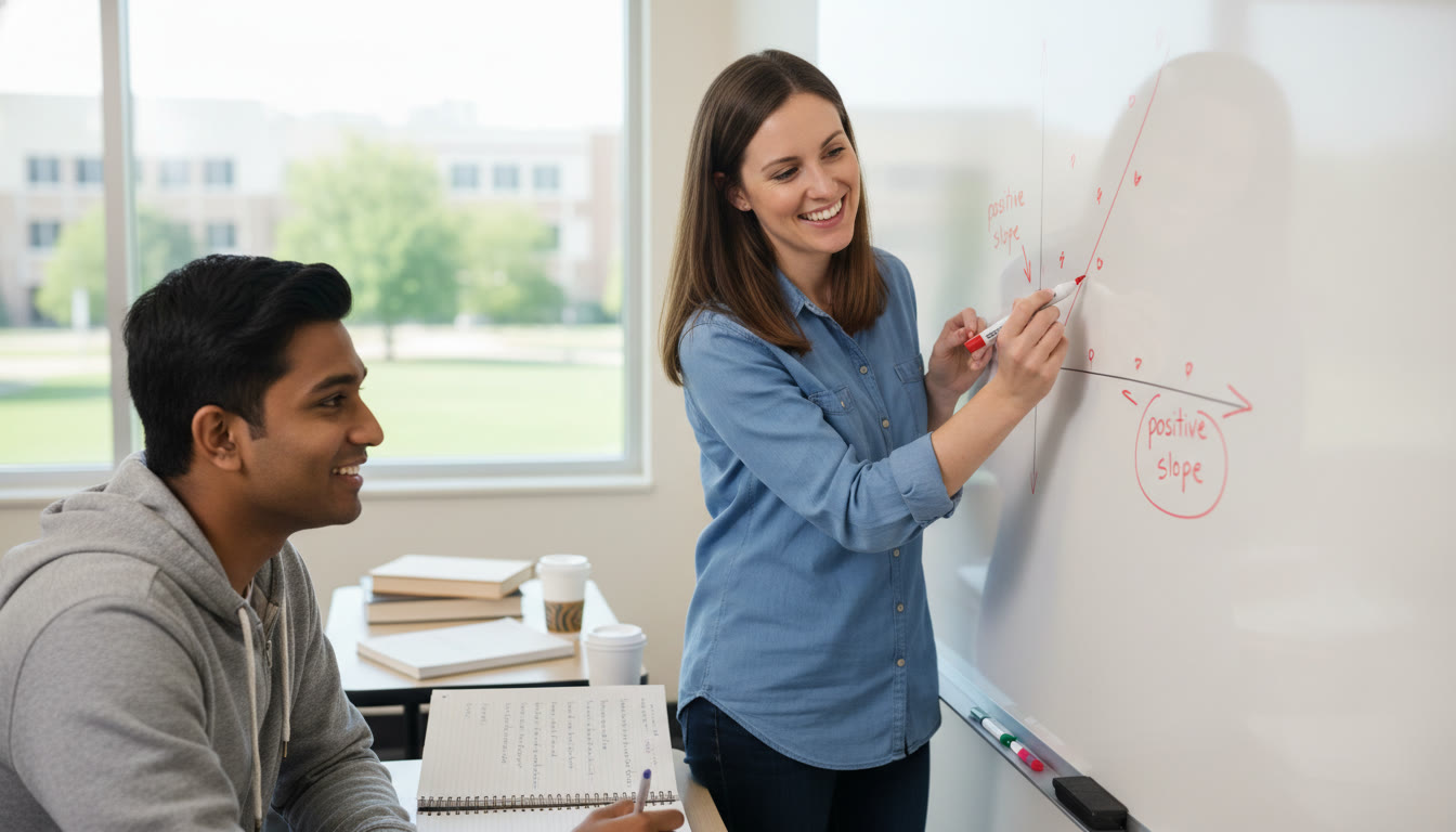 Photo Idea : A whiteboard session where a tutor (or teacher) draws a scatterplot, annotates slope and outliers, and a student writes a short paragraph explaining implications   captures the blend of verbal explanation and quantitative thinking.