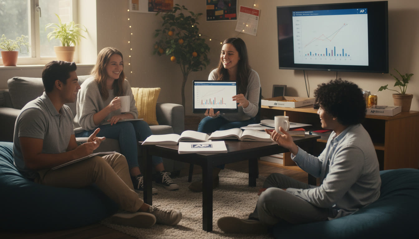 Photo Idea : A small study-group scene in a dorm common room with a tutor explaining a problem on a tablet — captures collaborative learning and support during the first year.