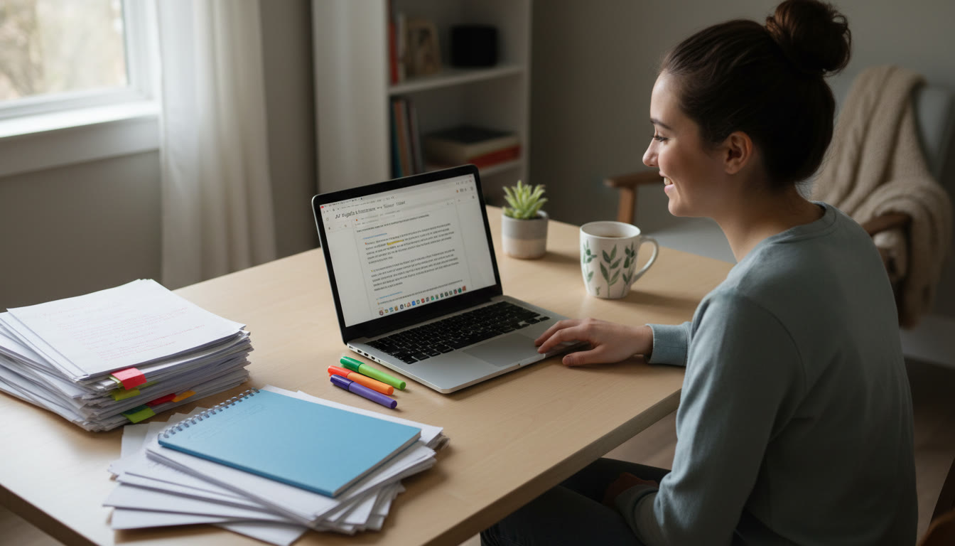 Photo Idea : A tidy workspace showing a student reviewing a Google Doc on a laptop with paper drafts beside it. Natural lighting, calm atmosphere—conveys focus and order.