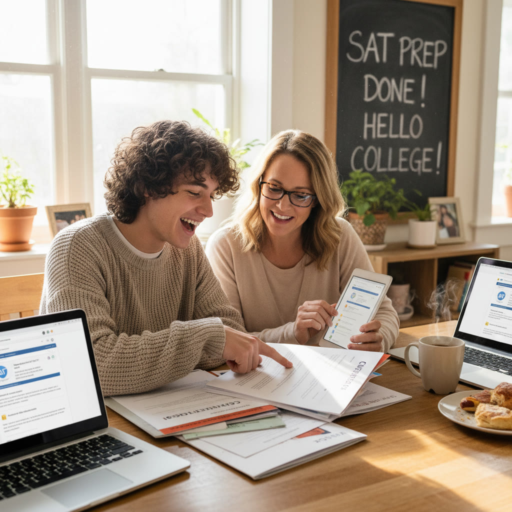 Photo Idea : A warm, candid photo of a high-school student and parent reviewing a college acceptance packet at a kitchen table, laptops open, with a cup of coffee nearby.