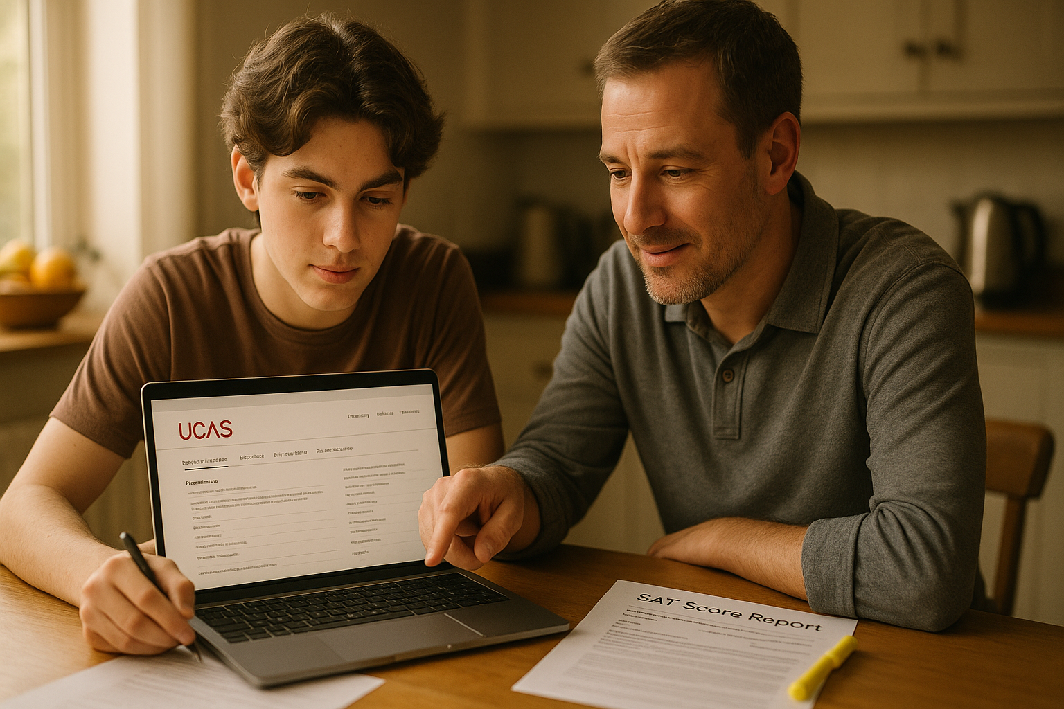 Photo Idea : A focused, warm photograph of a student and parent at a kitchen table with a laptop open to UCAS pages and a printed SAT score report beside them. The scene should feel collaborative and calm.
