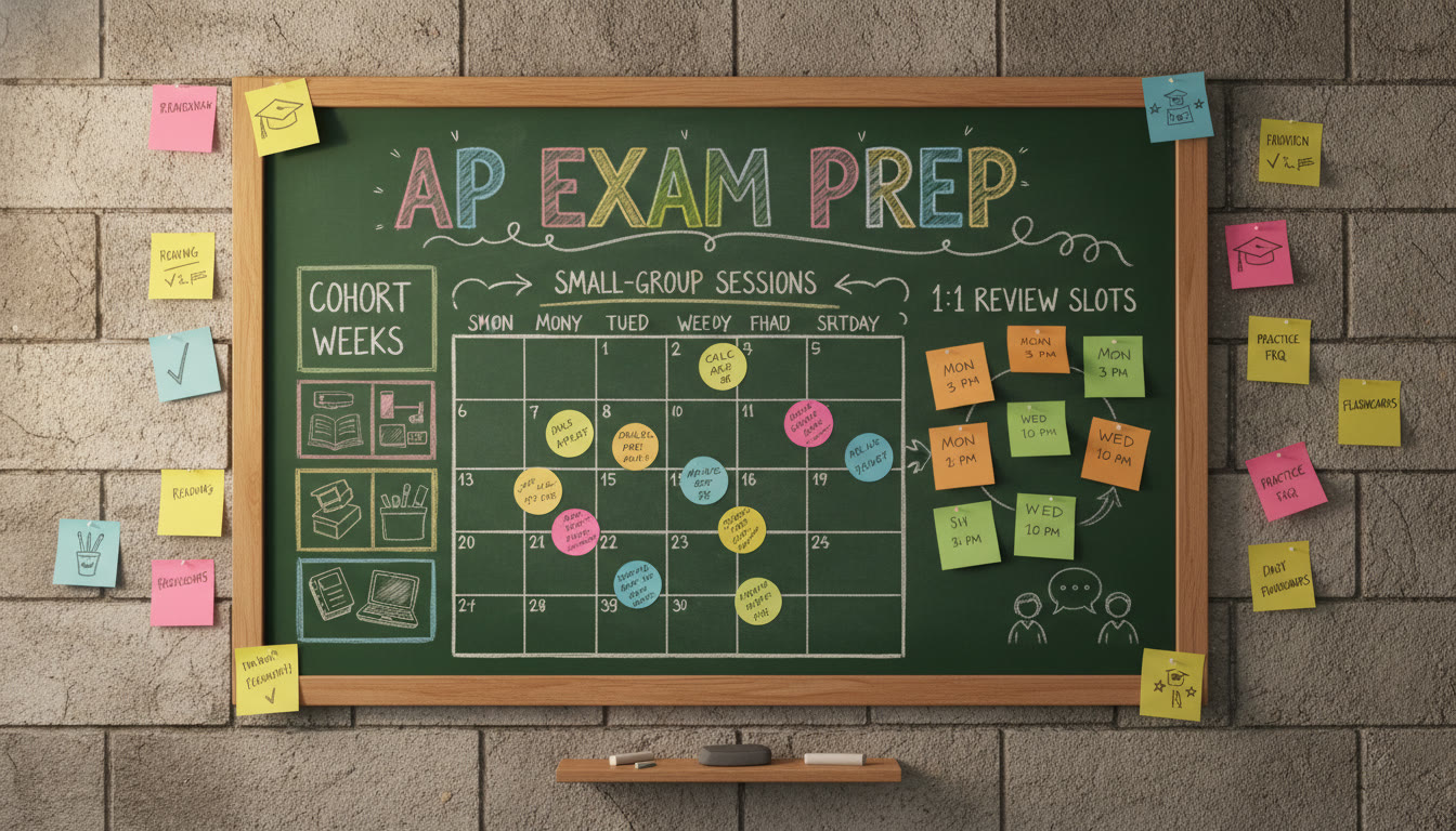 Photo Idea : A chalkboard-style visual of an AP exam calendar and study plan pinned on a wall with sticky notes, showing a blended schedule: cohort weeks, small-group sessions, and 1:1 review slots—conveys planning and balance.