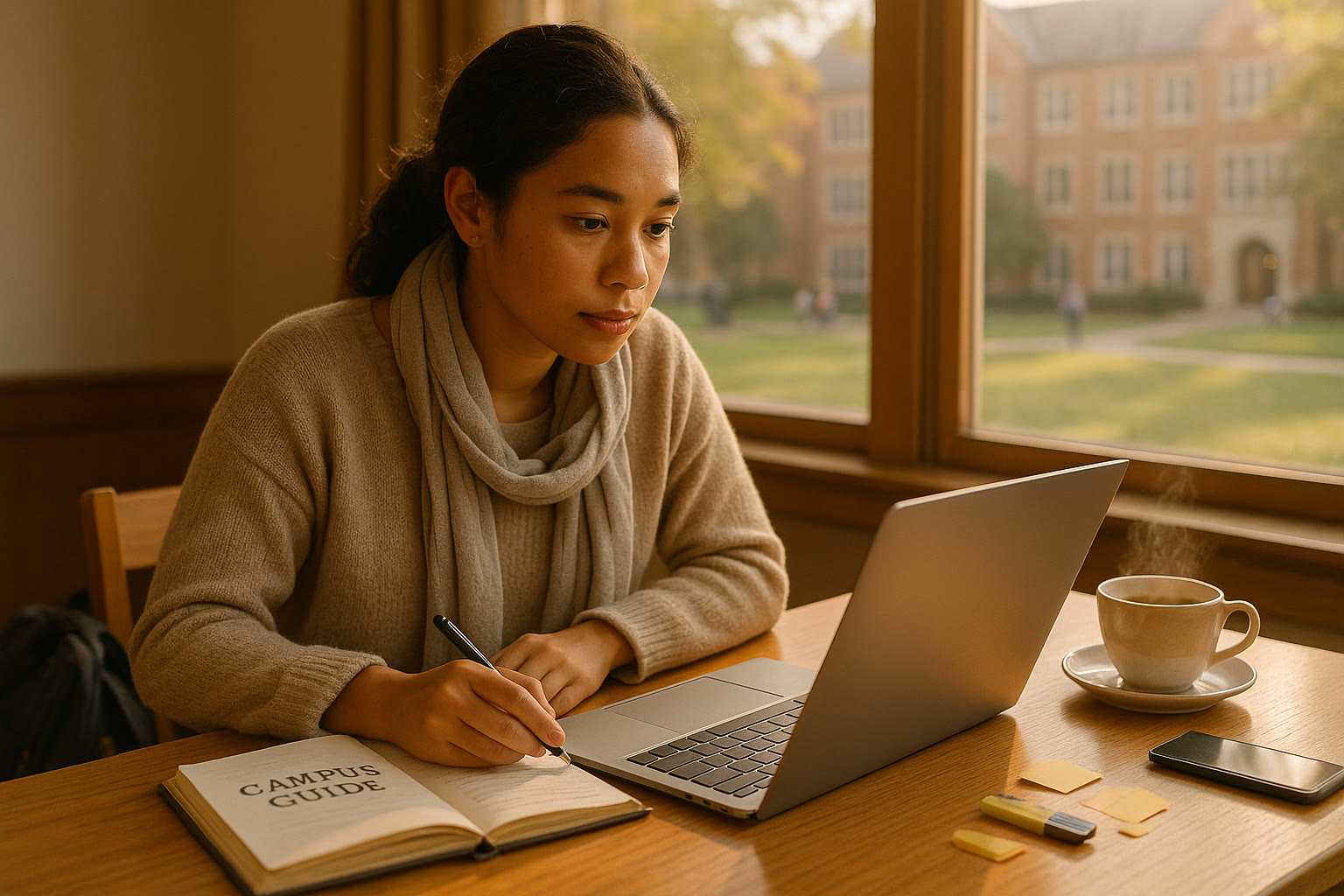 Photo Idea : A bright, candid photo of an international student focused on a laptop, with a campus guidebook and a cup of tea on the desk — evokes study, planning, and warmth.