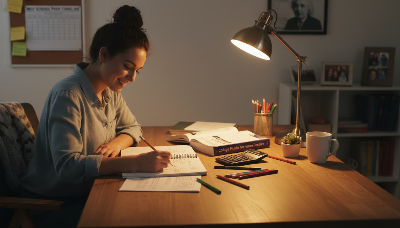 Photo Idea : A cozy study scene showing a high school student working through physics problems with a notebook, calculator, and colored pens — warm light, approachable mood to illustrate learning physics for med school goals.
