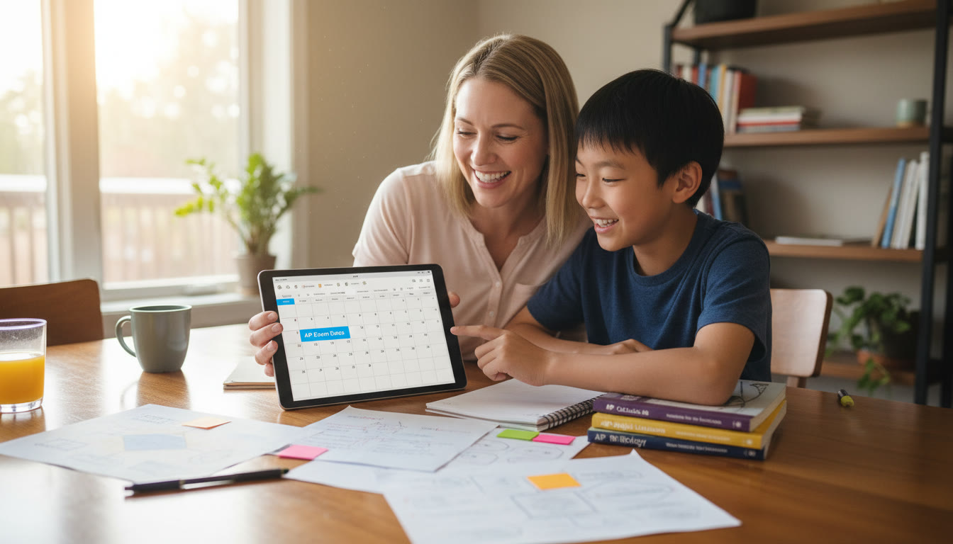 Photo Idea : A parent and student reviewing a shared calendar on a tablet, smiling and relaxed, with notes and a small stack of study guides on the table—conveying teamwork and practical planning.