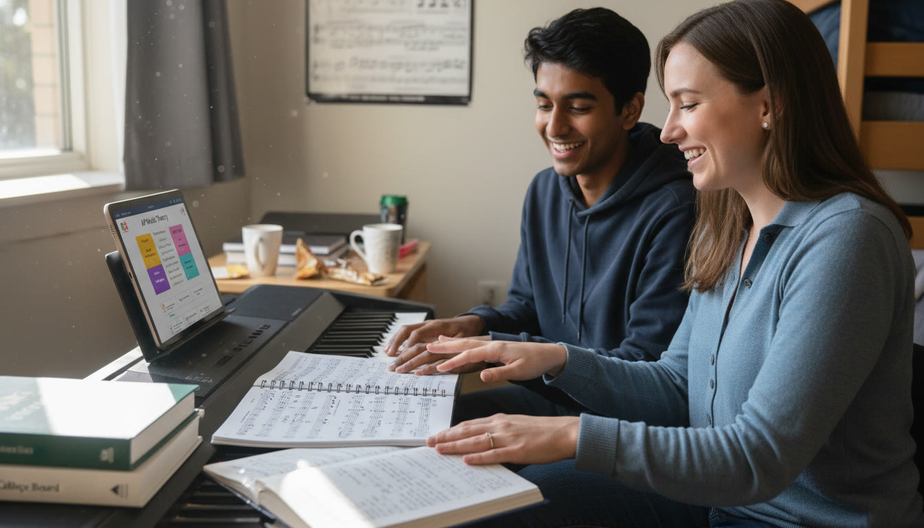 Photo Idea : A candid shot of a small tutoring session โ a student and tutor at a keyboard, sheet music between them, a tablet showing a practice app. The image should convey collaborative, personalized instruction.