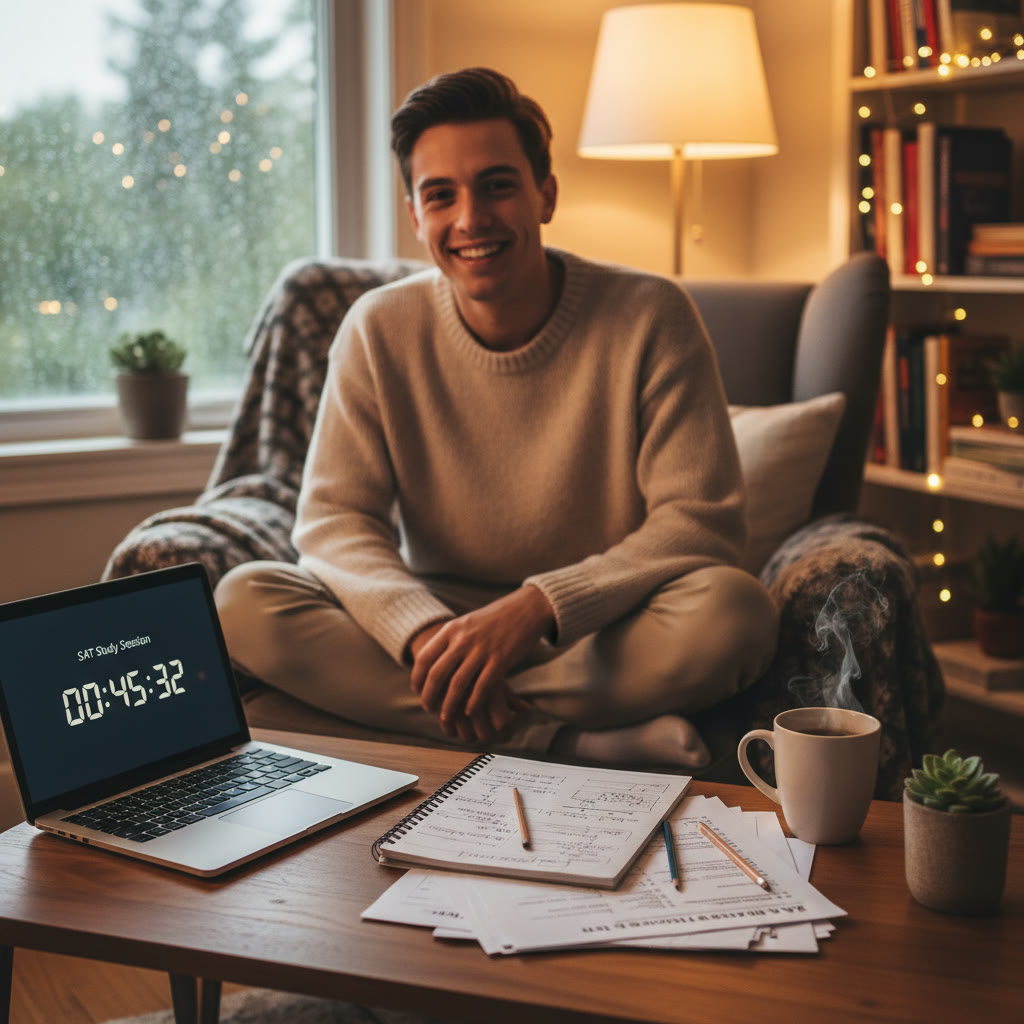 Photo idea: A student at a cozy weekend study setup with a notebook, a printed practice test, and a laptop showing a timer; warm lighting to convey focused, calm study.