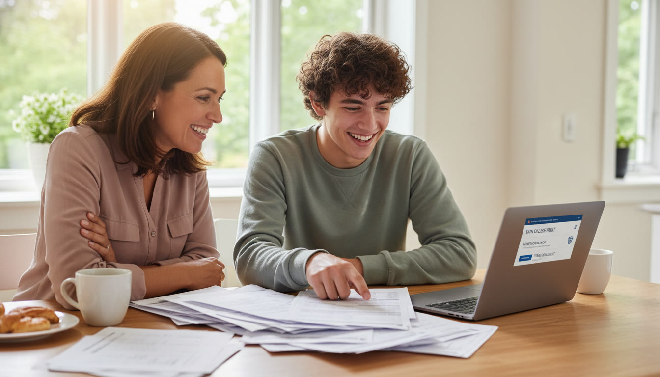 Photo Idea : A bright, optimistic photo of a student and parent reviewing college credit paperwork on a kitchen table, with a laptop open to a university admissions page — conveys planning and partnership early in the process.