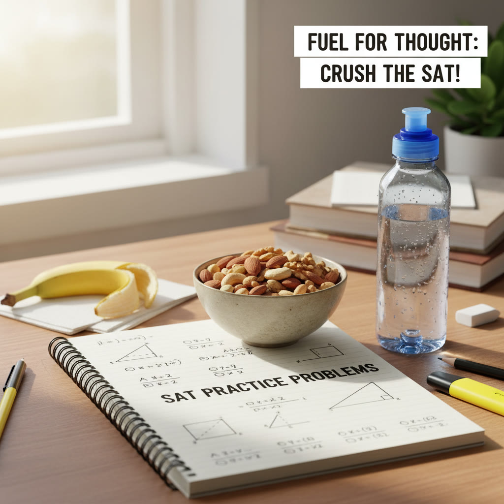 Photo idea: Close-up of a study desk with a small bowl of mixed nuts, a banana, a notebook with practice problems, and a water bottle—suggests study-fuel setup.