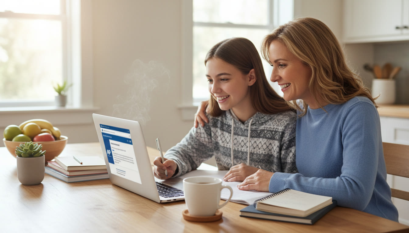 Photo Idea : A calm, bright kitchen table scene — a parent and teen reviewing a laptop together, a College Board page visible (blurred for privacy), a fresh cup of coffee nearby. This image should sit near the top to set the collaborative, reassuring tone.