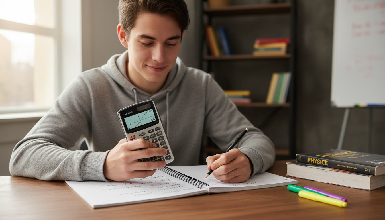 Photo Idea : A student at a desk with a graphing calculator and notebook, sketching a curve and writing notes; warm natural light, focused but relaxed expression.