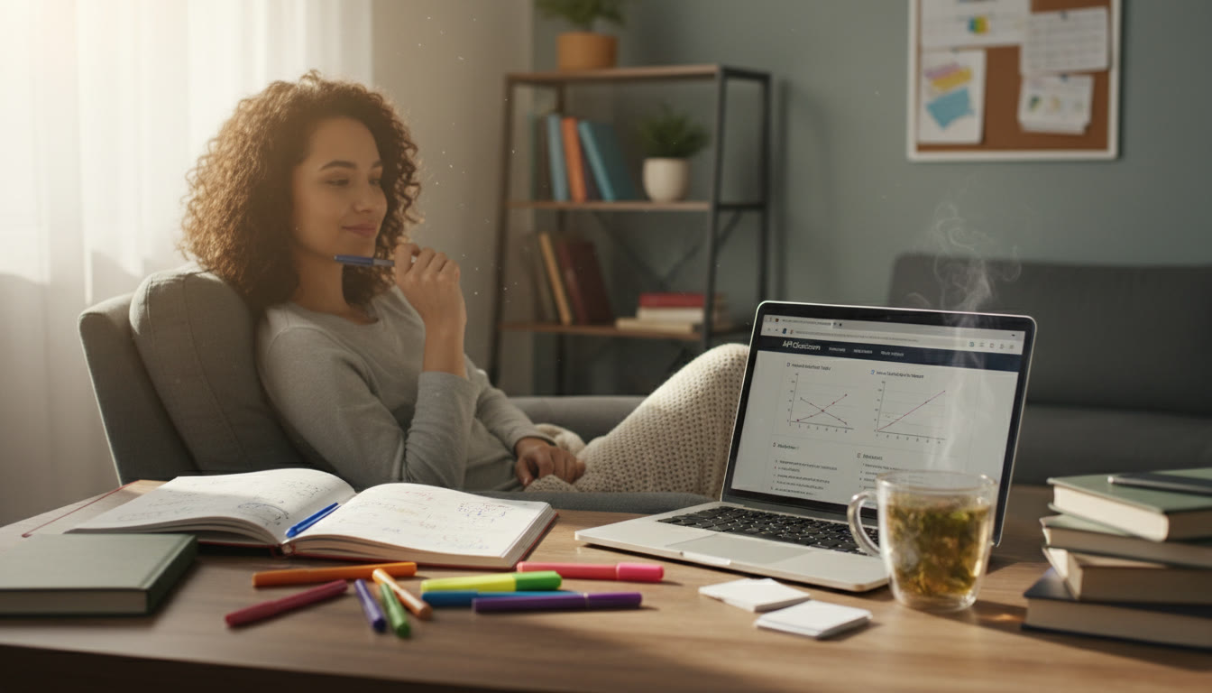 Photo Idea : A cozy study scene — open notebook, colored pens, a laptop with AP Classroom open, and a cup of tea. Show a student relaxed and reflective, not anxious, to emphasize thoughtful review.