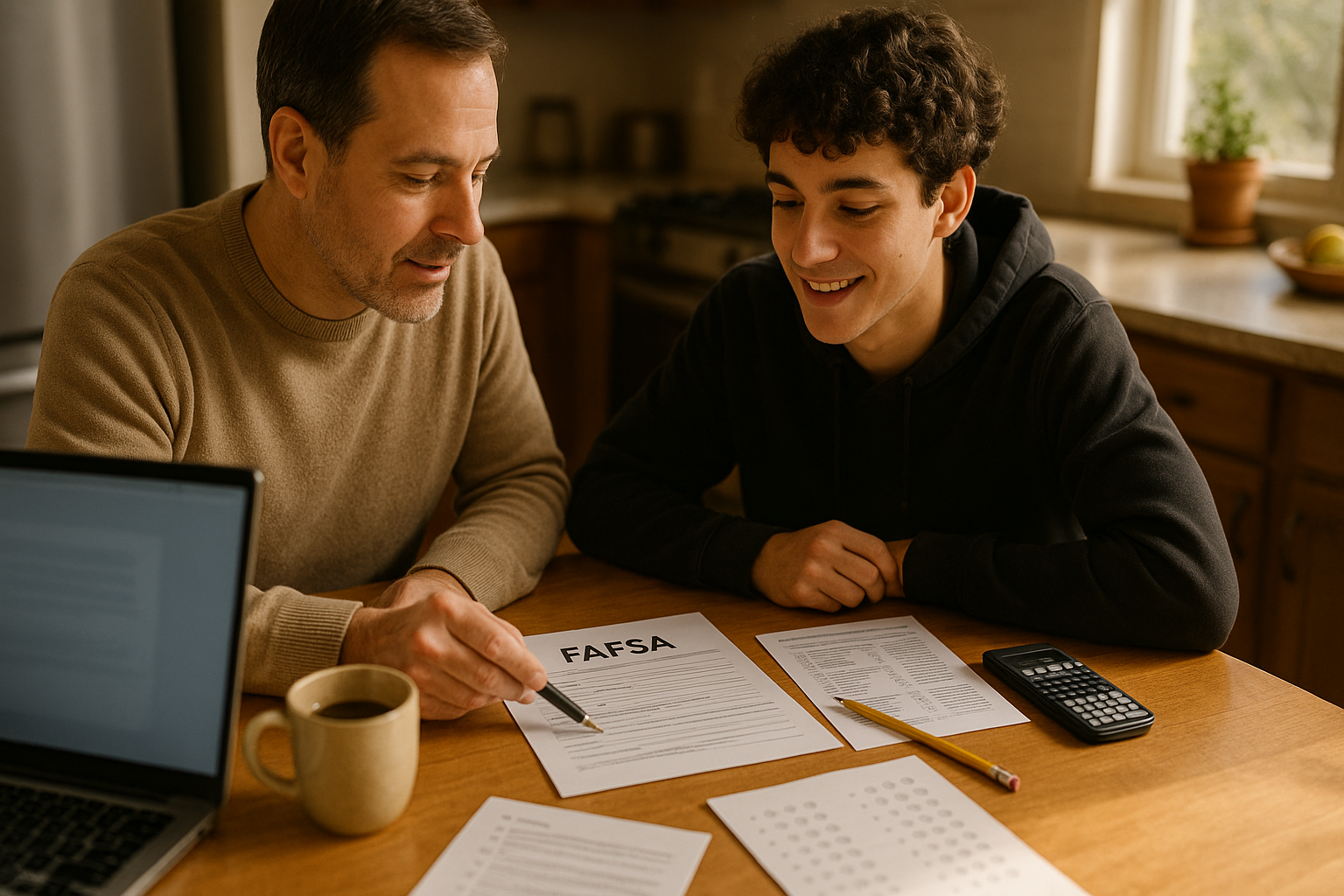 Photo Idea : A parent and high school student at a kitchen table with a laptop, FAFSA form printed out, and SAT practice questions spread beside a cup of coffee—natural, warm lighting.