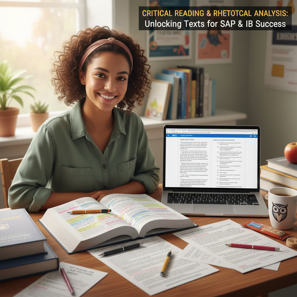 Student at a desk with annotated passages and a laptop showing a practice test — illustrates the overlap between SAT reading strategies and AP/IB document analysis.