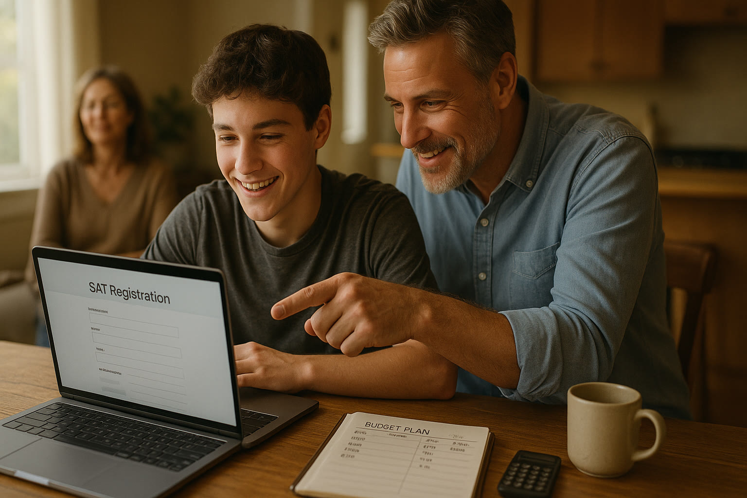 Photo Idea : A calm family scene at a kitchen table with a laptop showing a SAT registration page, a notepad with a budget plan, and a teenager smiling while a parent points at the screen.