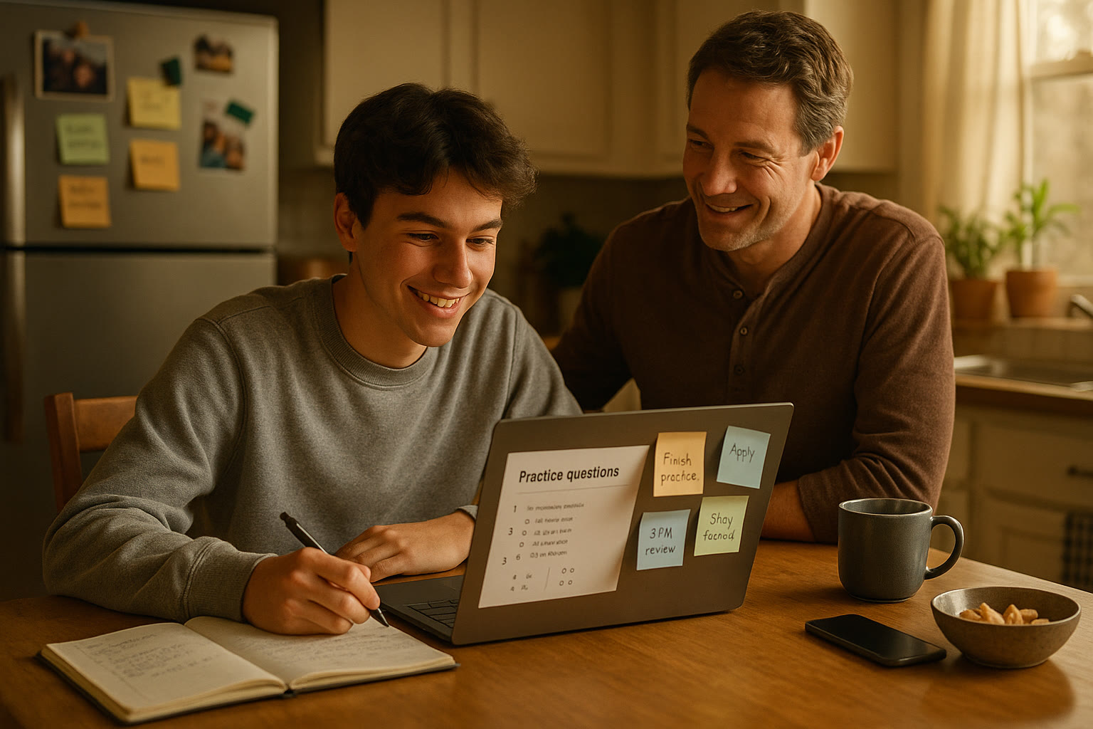 Photo Idea : A warm, candid photo of a high school student studying at a kitchen table with a parent nearby, a laptop showing practice questions, and sticky notes with goals — natural, hopeful energy.