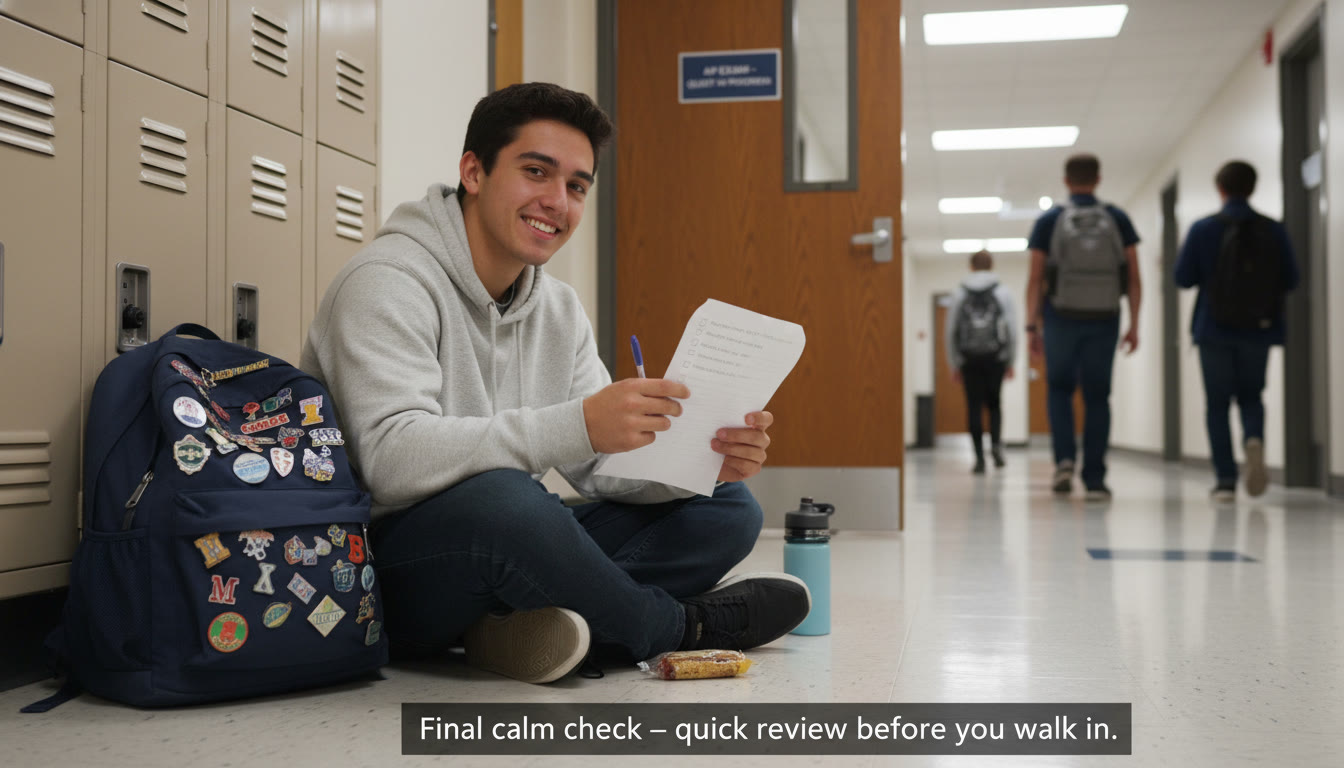 Photo Idea : A student calmly checking their printed single-page checklist beside a packed backpack in a hallway outside a testing room. Caption suggestion: 