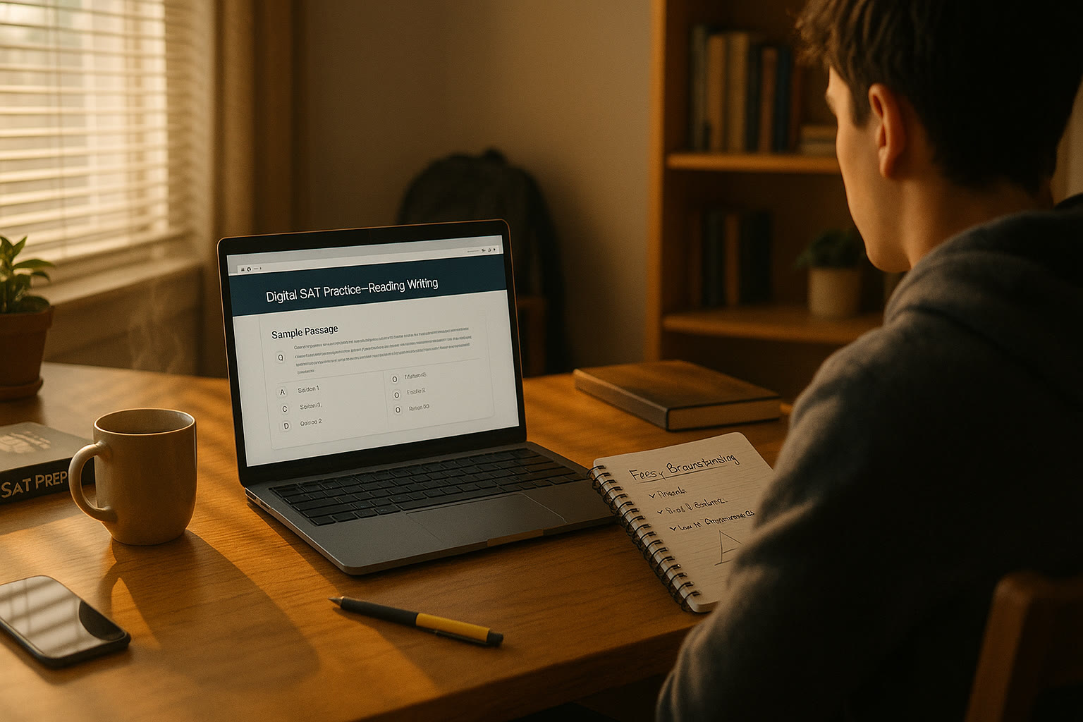 Photo Idea : A student at a desk with a laptop open to a digital SAT practice section, a notebook with essay brainstorming notes beside it, morning light streaming in.