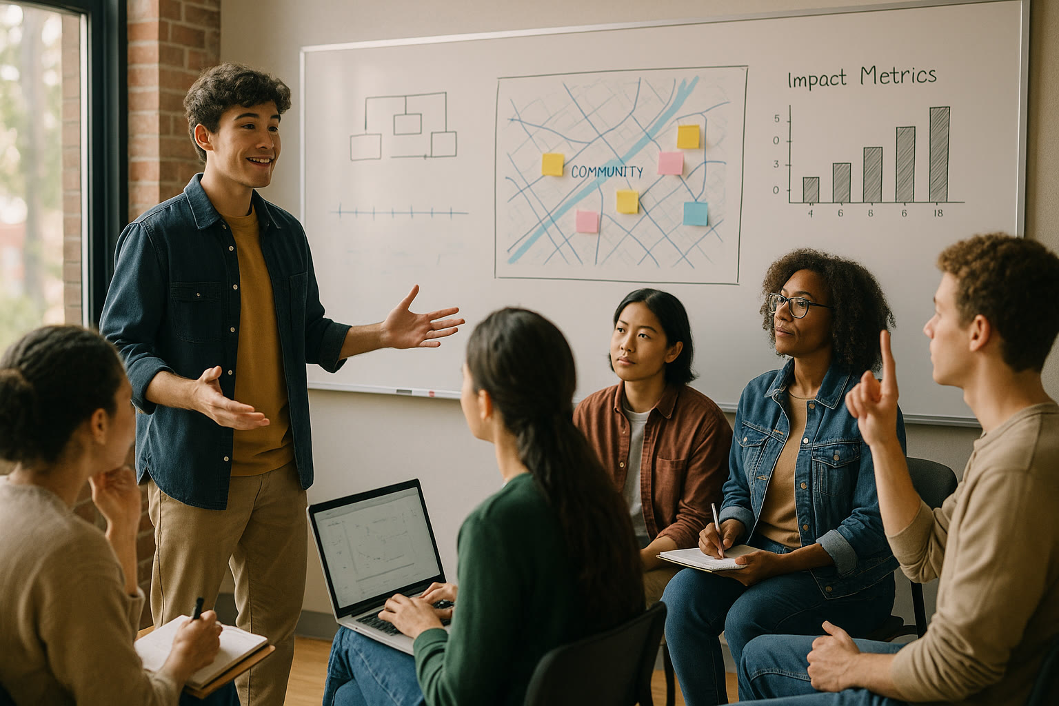 Photo Idea : A dynamic photo of a student presenting a community project to a group—whiteboard with diagrams, peers listening—demonstrating leadership and impact.