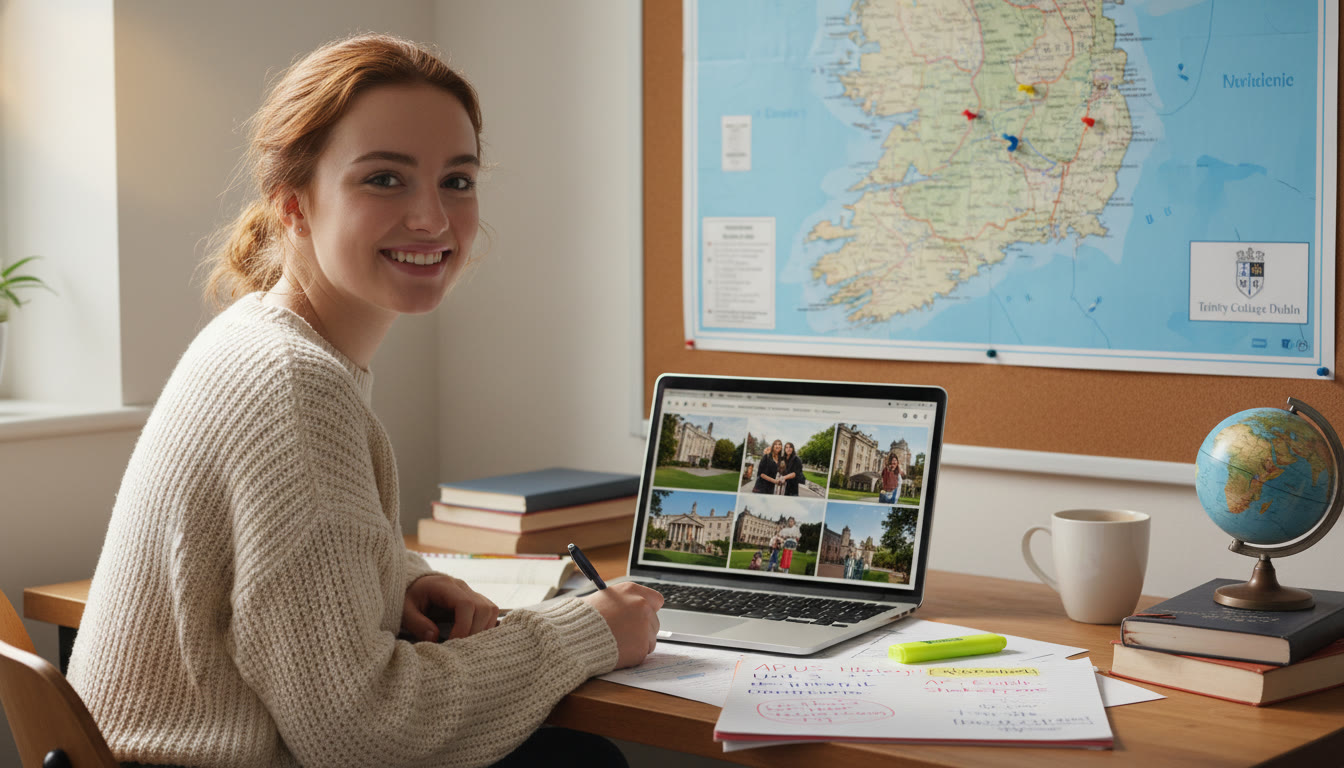 Photo Idea : A bright, candid shot of a high-school student studying AP notes at a desk with a map of Ireland and a laptop showing college campus photos — conveys ambition and international planning.