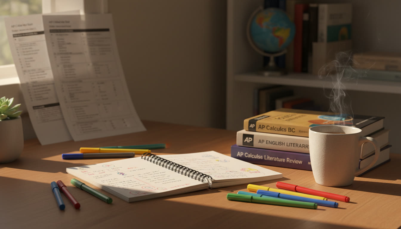 Photo Idea : A warm, sunlit desk with an open notebook, colored pens, a cup of tea, and AP prep materials (practice tests visible in the background). The shot should feel calm and inviting, emphasizing a focused, comfortable study atmosphere.