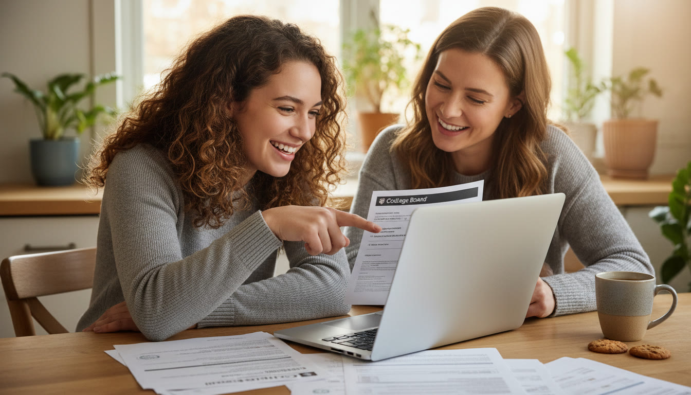 Photo Idea : A parent and student reviewing an application checklist together at a kitchen table, laptop open, paperwork and a cup of coffee nearby—warm, collaborative scene.