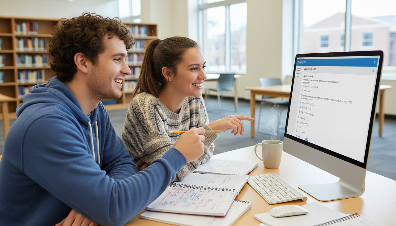 Photo Idea : A friendly tutor and student reviewing a Digital SAT practice screen together, pointing at an on-screen question, with annotated notes and a coffee mug in the foreground — illustrates personalized tutoring.