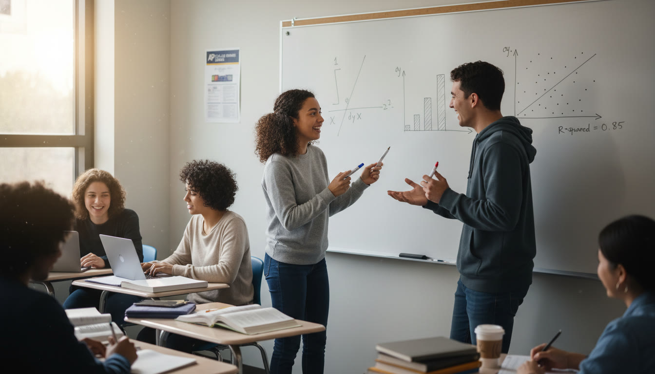 Photo Idea : A bright high-school classroom scene showing two students arguing good-naturedly over a whiteboard—one sketching integrals and graphs (Calculus), the other drawing a histogram and regression line (Statistics). The image should feel modern, inclusive, and candid to mirror real study decisions.