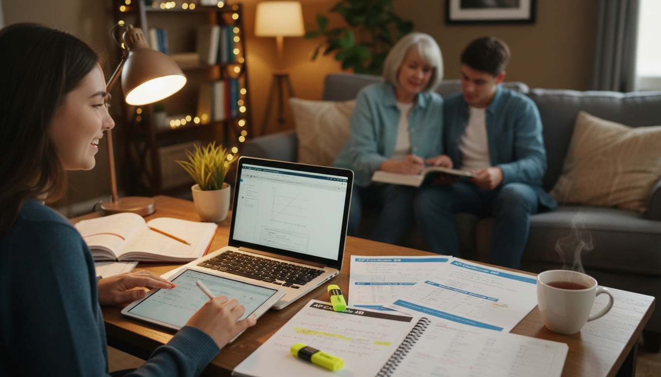 Photo Idea : A cozy study scene with a student using a laptop and tablet, annotated practice tests and highlighters scattered on the desk — warm lighting, a parent and student discussing notes in the background.