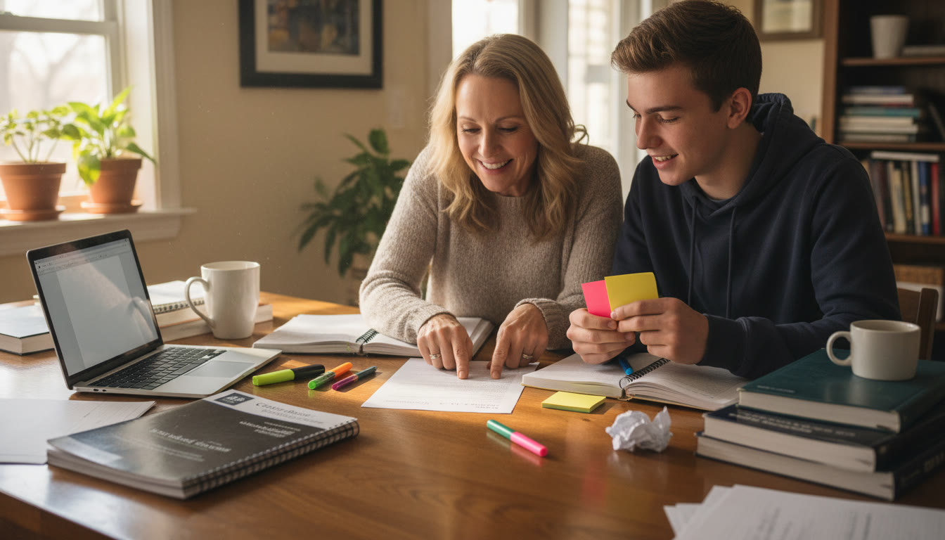 Photo Idea : A warm, candid shot of a parent and teen at a kitchen table surrounded by notebooks and a laptop, reviewing a printed essay and colored notes—captures supportive collaboration and organized chaos.