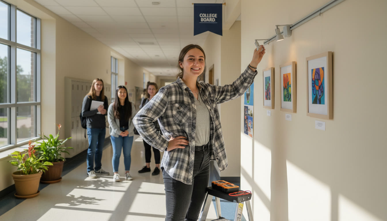 Photo Idea : A student installing a small gallery display in a school hallway, adjusting lighting — conveys presentation skills and readiness to share work publicly.
